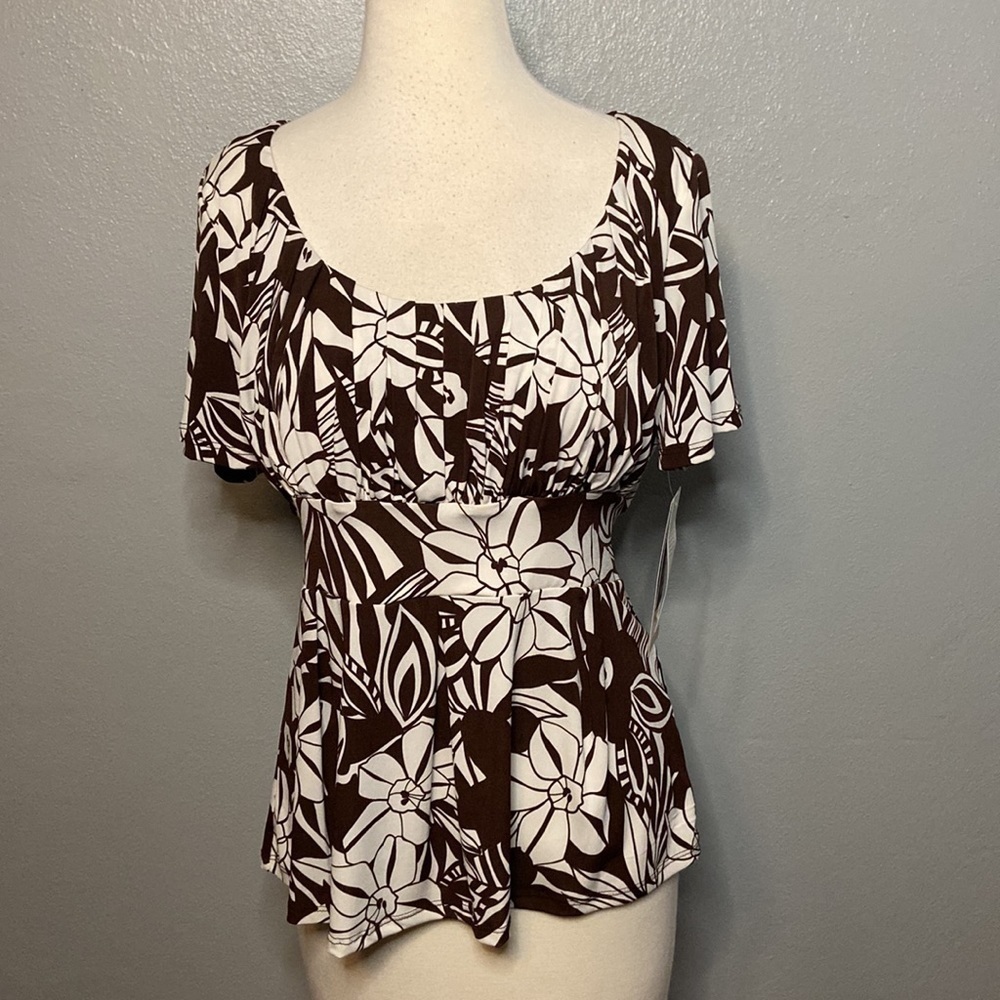 NWT Danny & Nicole Pullover Top Brown White Floral 12 Petite - Picture 2 of 9
